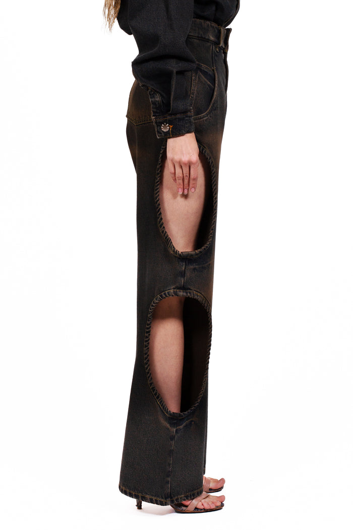 MANCANDY Bite Jeans® Rodeo in indigo brown cotton denim featuring signature side cut-outs and a flared leg silhouette.