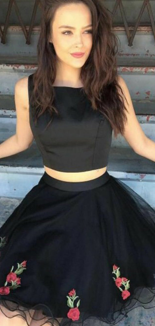 Black Two Piece Tulle Embroidery Sleeveless Homecoming Dresses,HD0034