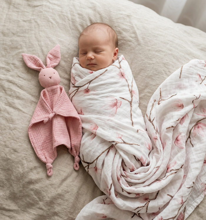 Newborn baby wrapped in a floral swaddle with a pink bunny toy on a soft surface