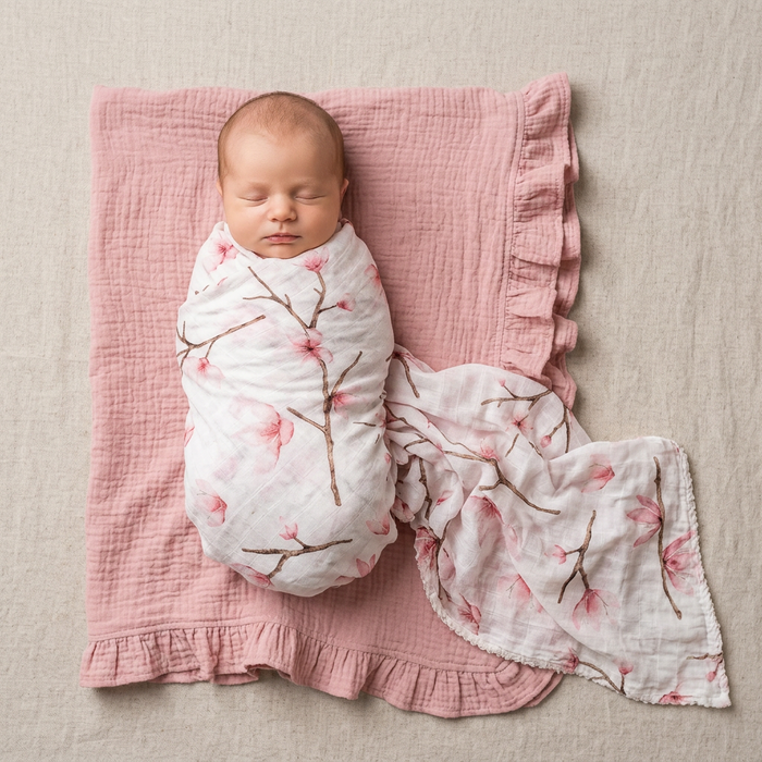 Newborn baby wrapped in a floral blanket on a pink textured blanket