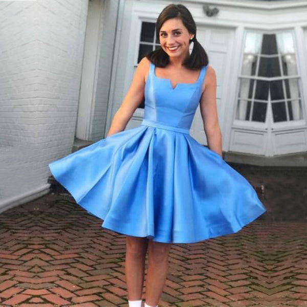 Blue Sweetheart Neckline Sleeveless Simple Satin Homecoming Dresses,BD00136