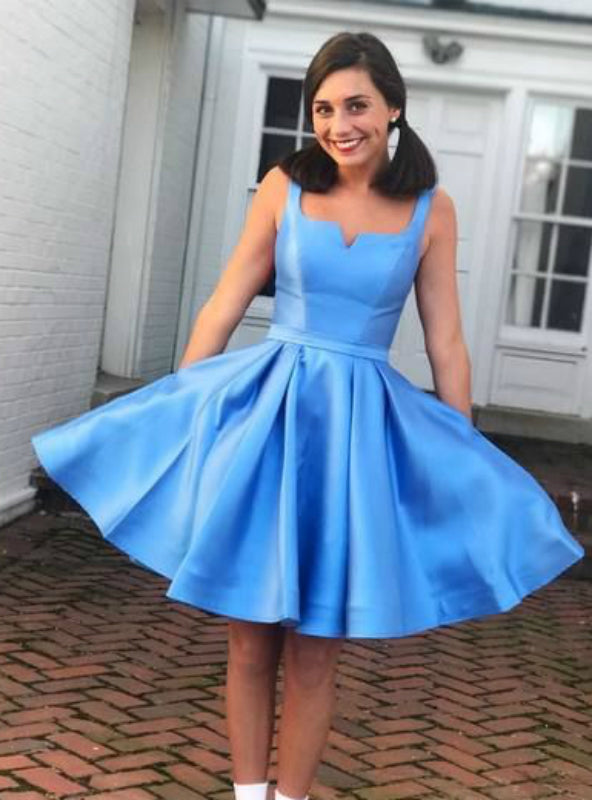 Blue Sweetheart Neckline Sleeveless Simple Satin Homecoming Dresses,BD00136