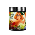 Black container with colorful label showing supplement facts, directions, warnings, and social media icons at the bottom