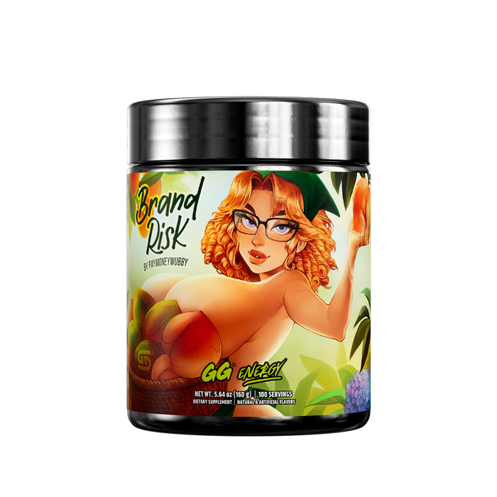 Black container with colorful label showing supplement facts, directions, warnings, and social media icons at the bottom