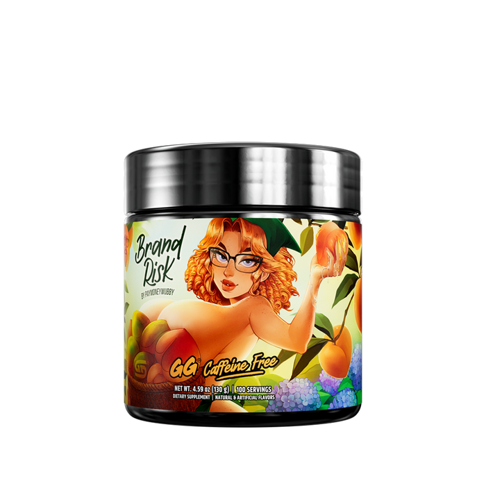 Black container with a colorful label showing supplement facts and directions for a caffeine-free product.