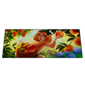 Mouse pad featuring a vibrant illustration of a red-haired woman with glasses holding peaches surrounded by cats and flowers.