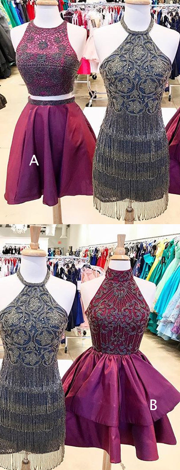 Burgundy Elastic Satin Beading Mismatched Sleeveless Homecoming Dresses  ,HD0040