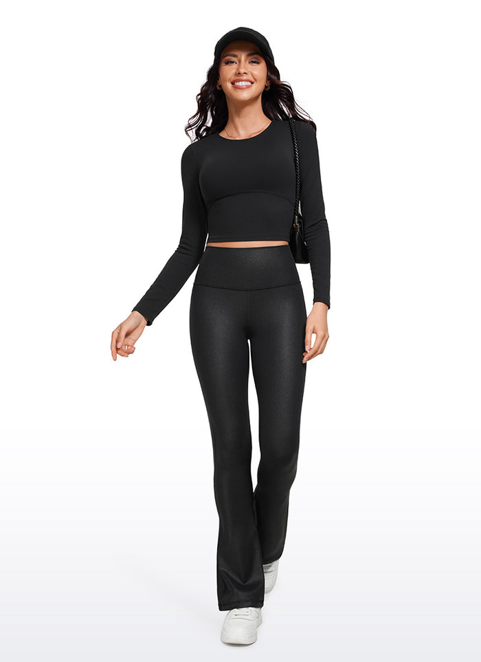 CRZ YOGA Women  Butterluxe High Waist Pockets Mini Flared Leggings 32" Black Classic Leather