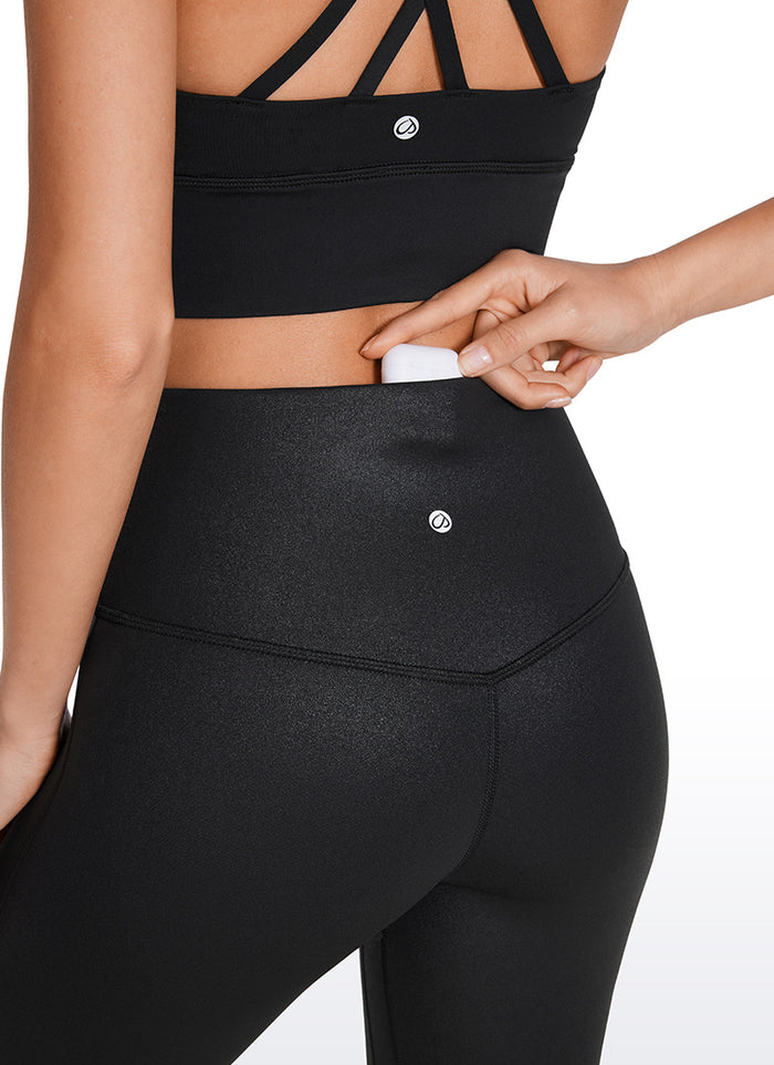 CRZ YOGA Women  Butterluxe High Waist Pockets Mini Flared Leggings 32" Black Classic Leather
