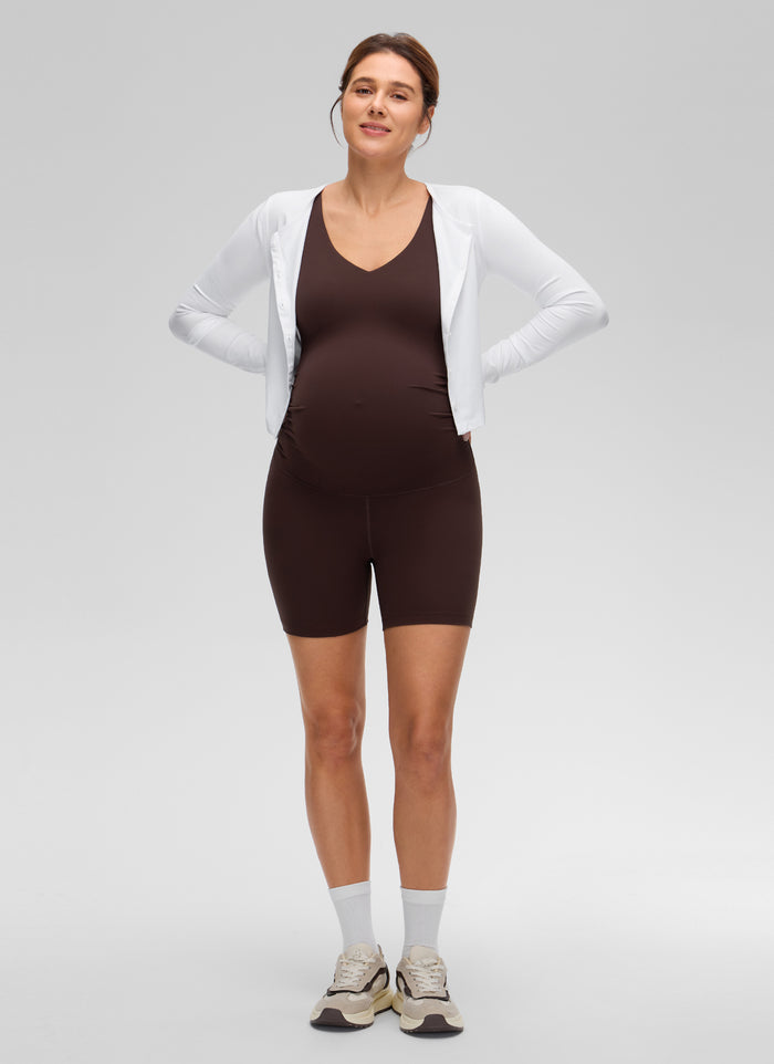 CRZ YOGA Women's Butterluxe Maternity V Neck Slim Fit Rompers 5'' Hot Fudge Brown