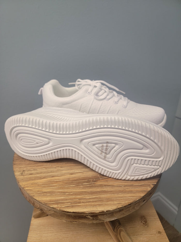 Bottom of white lace up sneakers for men.