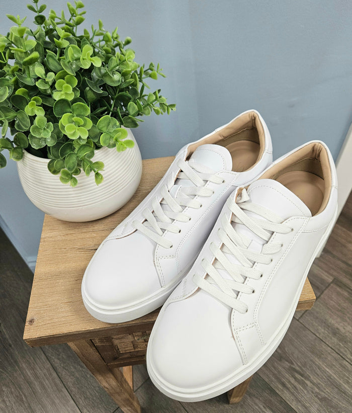 White faux leather sneakers for men.