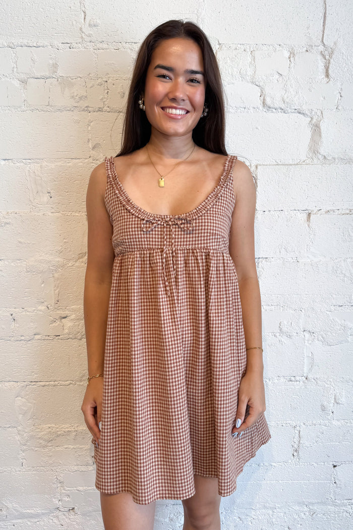 Camilla Gingham Mini Dress Brown, adeline boutique, dallas boutique, boutique