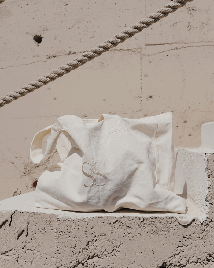 Cream canvas beach tote bag, Sand Society