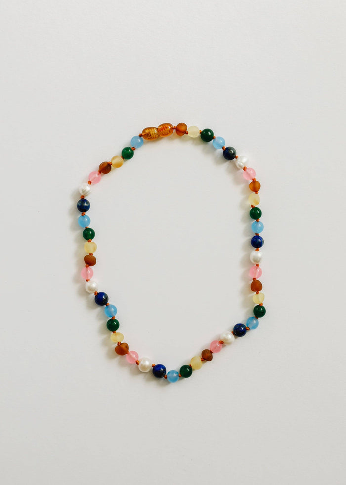CanyonLeaf - Raw Baltic Amber and Pearl Necklace + Sweet Pink Gemstones
