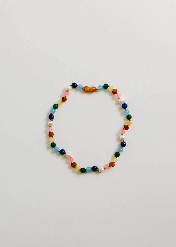 CanyonLeaf - Raw Baltic Amber and Pearl Necklace + Sweet Pink Gemstones