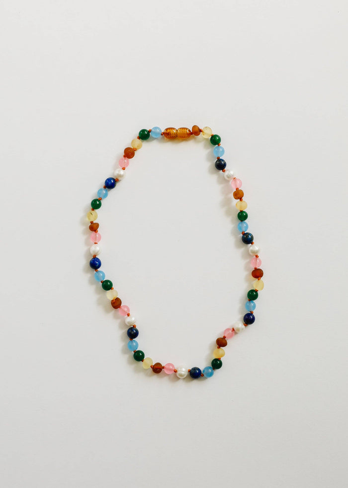 CanyonLeaf - Raw Baltic Amber and Pearl Necklace + Sweet Pink Gemstones