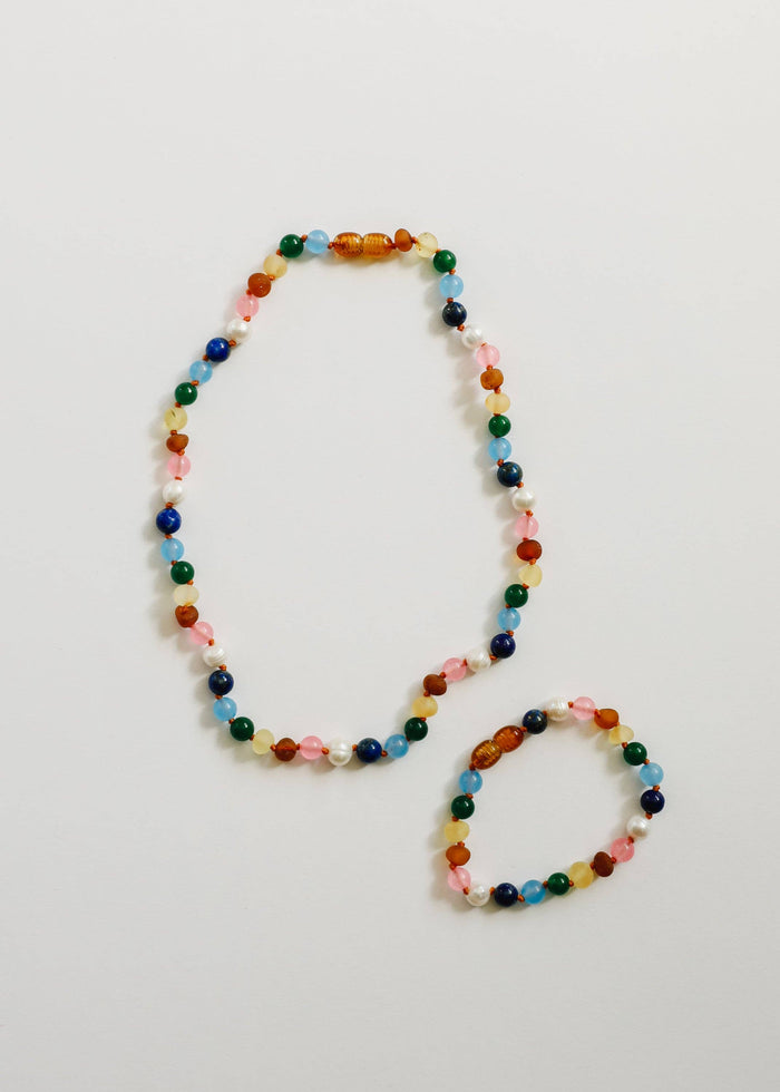 CanyonLeaf - Raw Baltic Amber and Pearl Necklace + Sweet Pink Gemstones