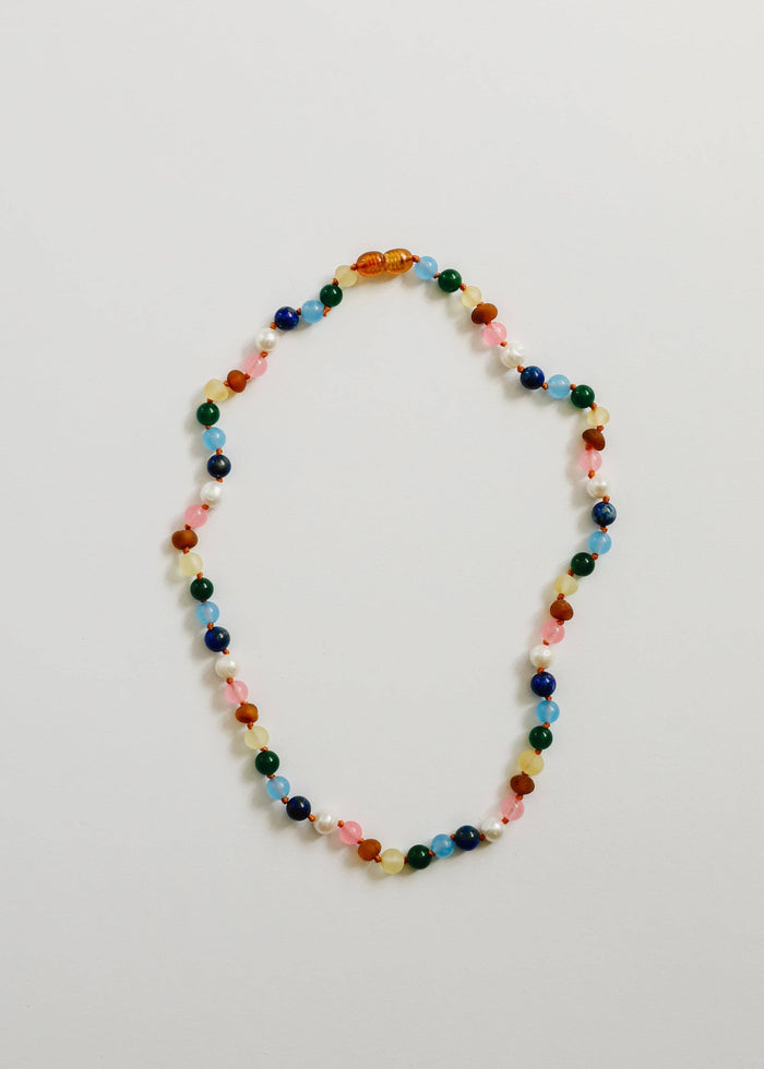 CanyonLeaf - Raw Baltic Amber and Pearl Necklace + Sweet Pink Gemstones
