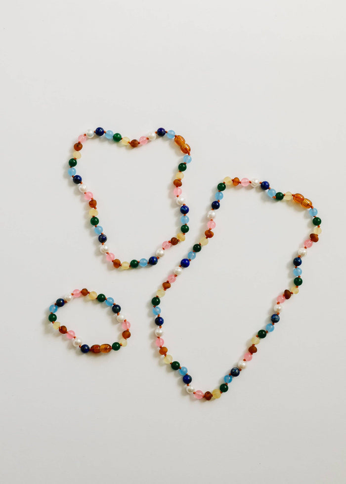 CanyonLeaf - Raw Baltic Amber and Pearl Necklace + Sweet Pink Gemstones