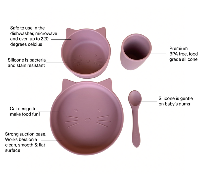Product benefits. Baby and toddler silicone dinnerware feeding set rose