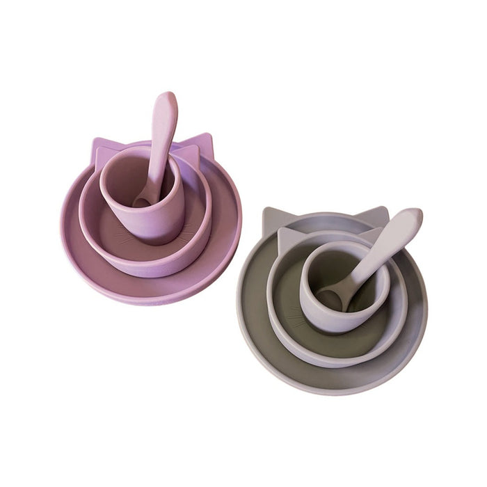 Cat silicone suction baby and toddler dinnerware set in rose and sand 4 piece