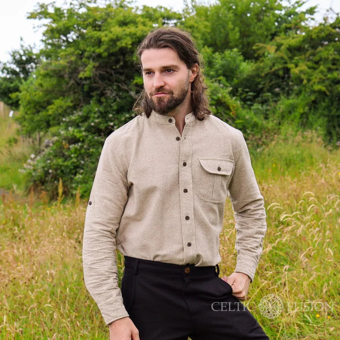 Irish Celtic Clothing for men, beige Celtic Shield Collarless Shirt with stand collar and button chest pocket