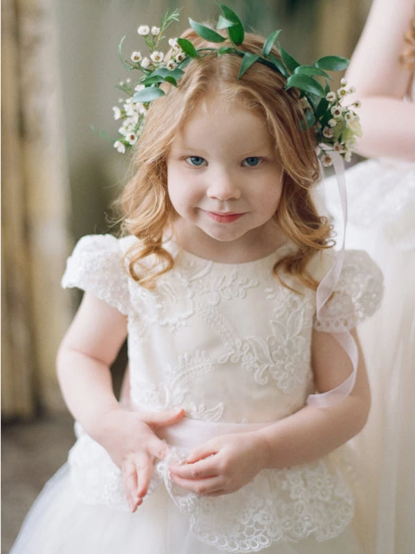 Classic Ivory A-line Tulle Flower Girl Dress with Bow Sash, FGS106