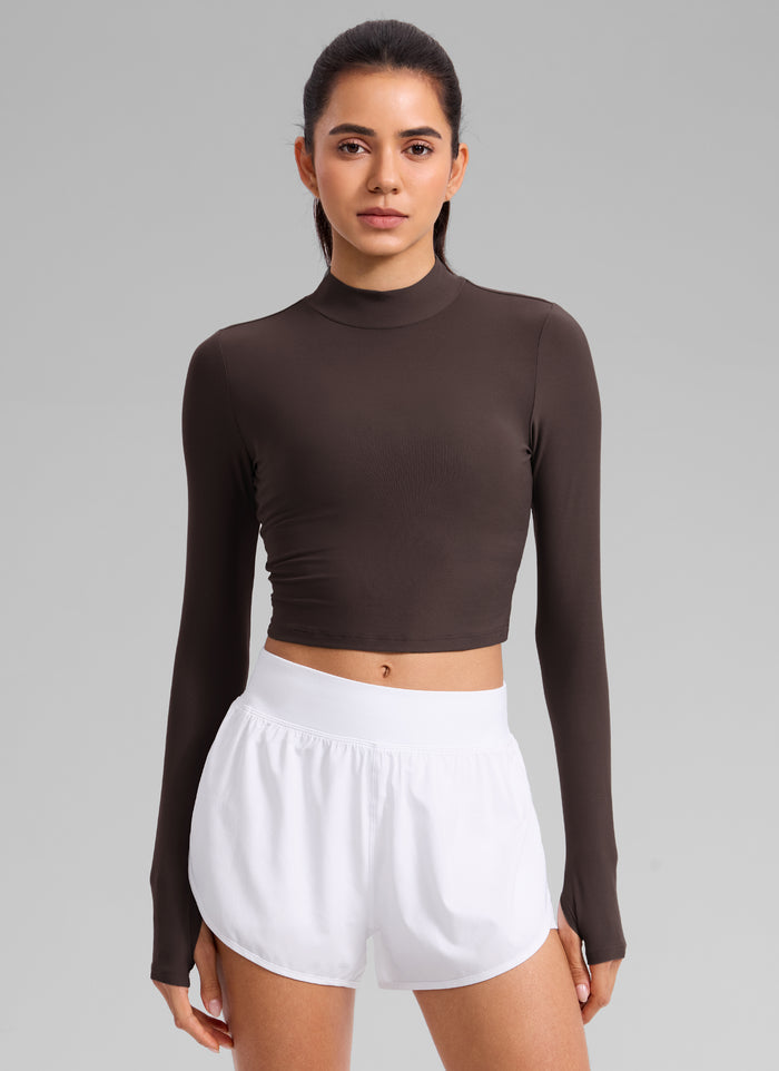 CRZ YOGA Women's Cloudweight Mock Neck Crop Tight Fit Long Sleeve Hot Fudge Brown