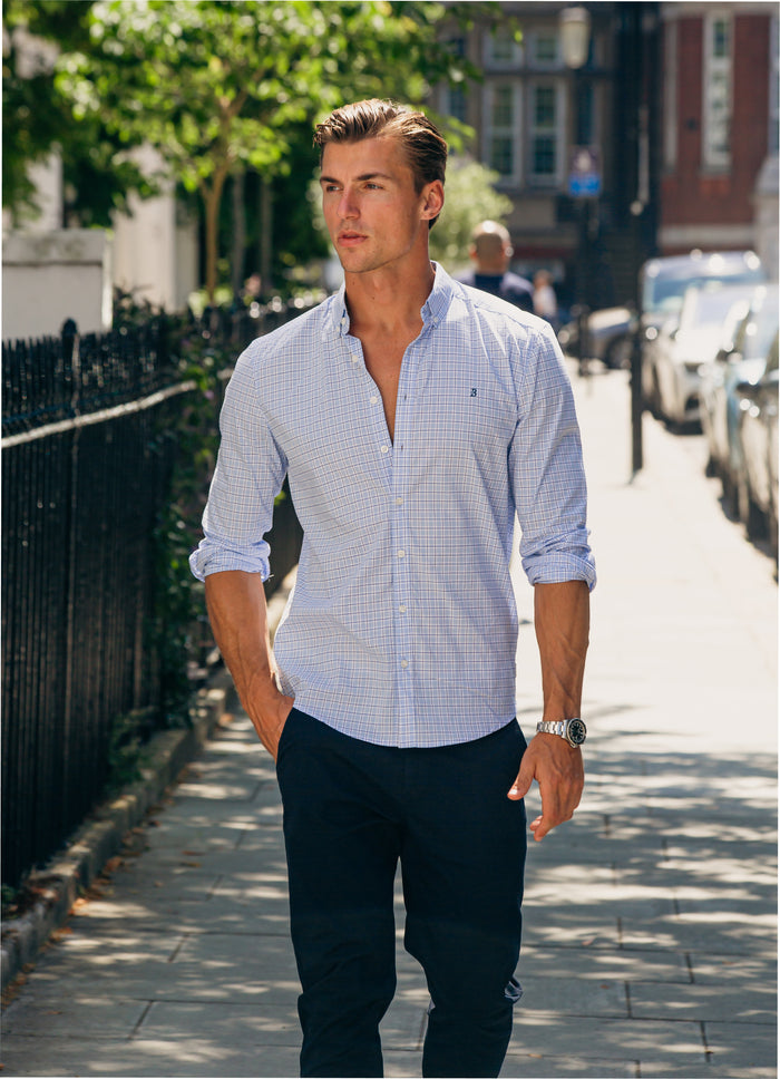 Conrad Long Sleeve Checked Shirt - Light Blue