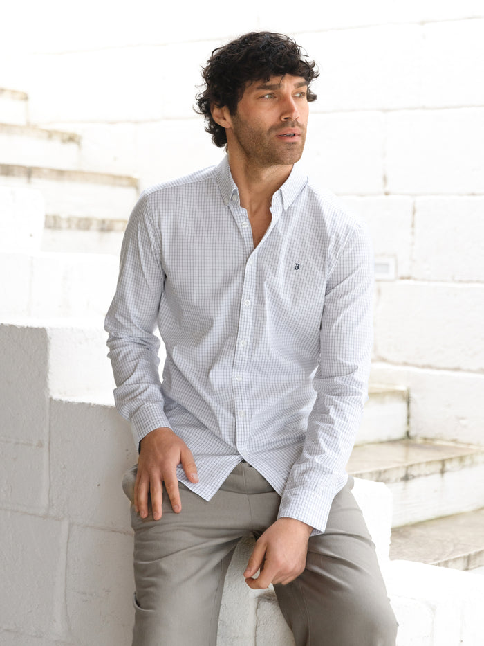 Conrad Long Sleeve Checked Shirt - White