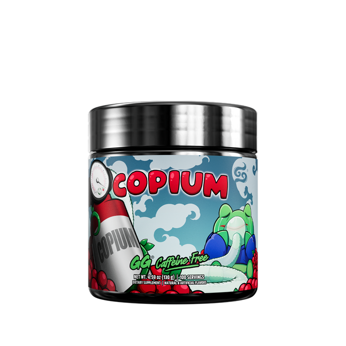 Black container with a blue label showing detailed supplement facts and directions for Copium Caffeine Free powder.