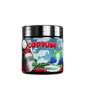 Black container with a blue label showing detailed supplement facts and directions for Copium Caffeine Free powder.