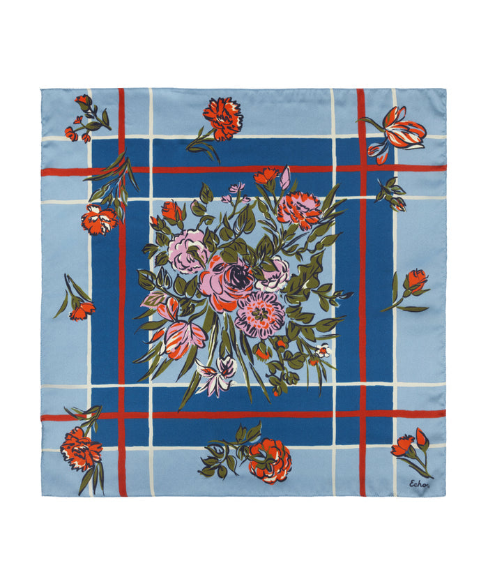 Cottage Bouquet Silk Scarf in Denim Blue