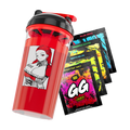 Red shaker cup with black lid featuring a winking anime girl in a red outfit and four colorful GG Energy drink mix packets.