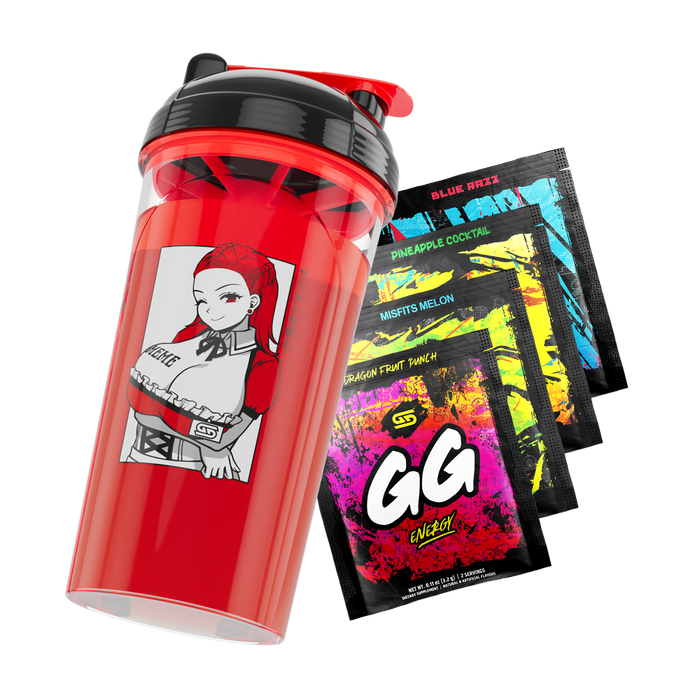 Red shaker cup with black lid featuring a winking anime girl in a red outfit and four colorful GG Energy drink mix packets.