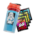 Blue shaker cup with red lid featuring anime woman in bikini and "I WANT YOU" text, next to colorful energy drink packets.