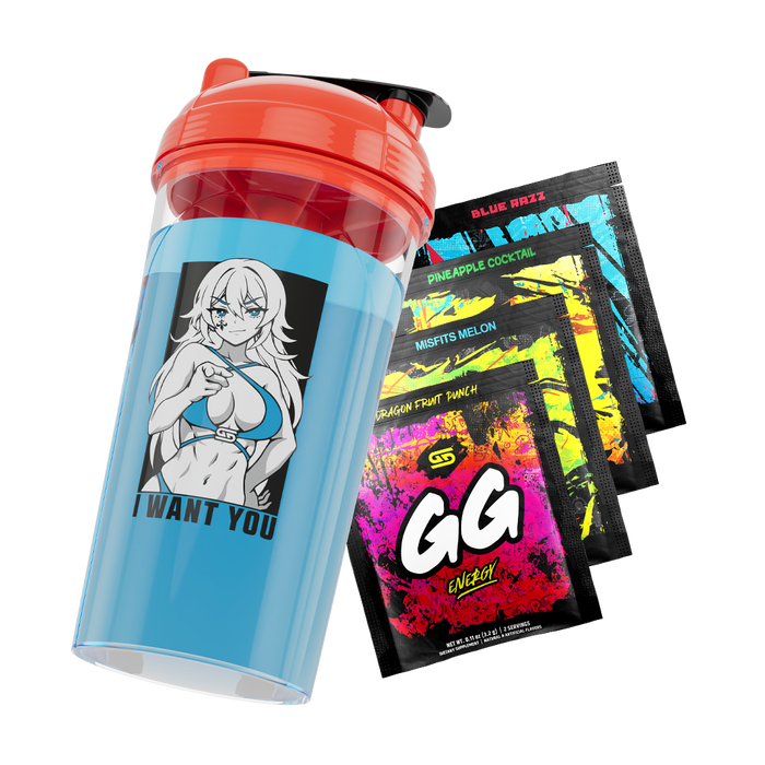 Blue shaker cup with red lid featuring anime woman in bikini and "I WANT YOU" text, next to colorful energy drink packets.