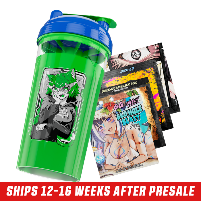 Clear shaker cup with blue lid, green flip cap, green mixing insert, and bold black and white logo on the side.