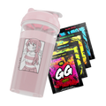 Pink shaker cup with anime girl graphic and four colorful GG Energy drink mix packets in blue, yellow, green, and red.