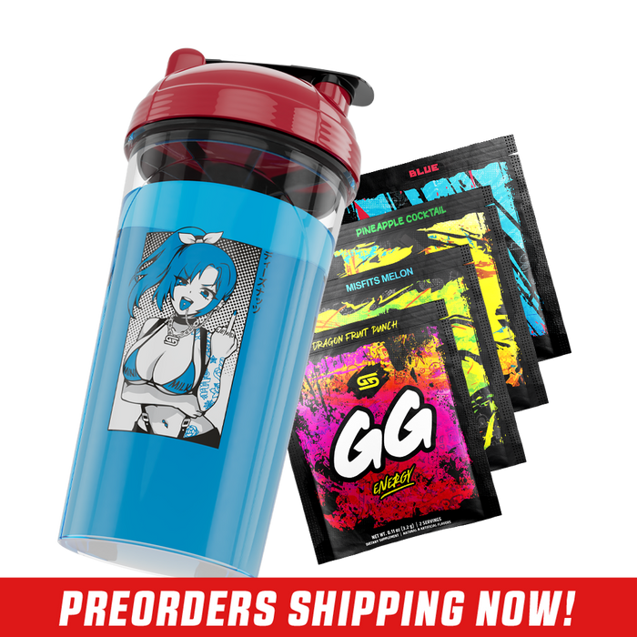 Clear plastic shaker cup with a bold black logo and a glossy red screw-on lid with a black flip cap.