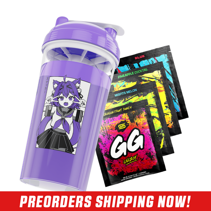 Clear shaker cup with purple lid featuring a black and white anime girl with fox ears and tail in a school uniform.