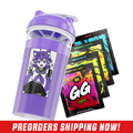 Clear shaker cup with purple lid featuring a black and white anime girl with fox ears and tail in a school uniform.