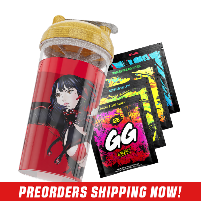 Clear tumbler with gold glitter lid featuring an anime woman with black hair and red accents in a futuristic outfit.