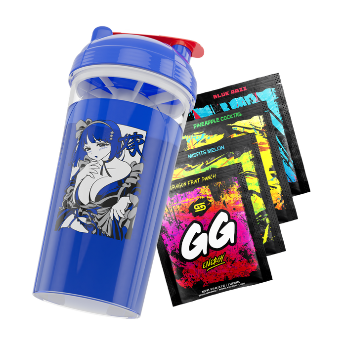 Blue shaker cup with anime girl illustration and four colorful GG Energy drink mix packets in various flavors.