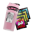 Pink shaker cup with anime girl illustration and four colorful GG Energy drink mix packets.