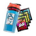 Blue shaker cup with red lid featuring anime girl in blue bikini and four colorful GG Energy drink packets.