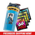 Clear shaker cup with black and yellow lid, featuring anime character with cat ears and Japanese text on the side.