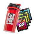 Red shaker cup with black lid featuring anime girl lifting her shirt, next to four colorful GG Energy drink packets.