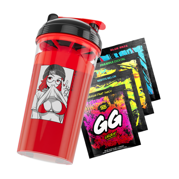 Red shaker cup with black lid featuring anime girl lifting her shirt, next to four colorful GG Energy drink packets.